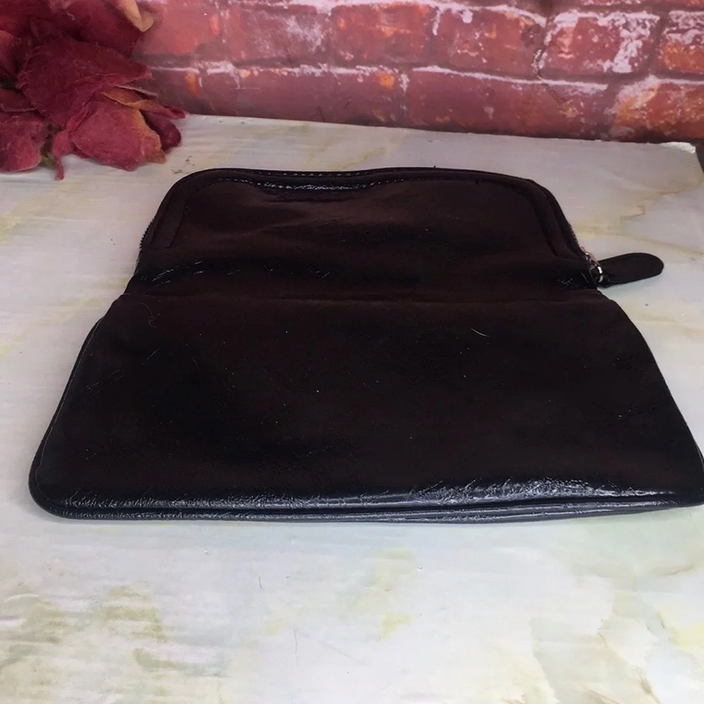 Vintage Black Leather Fold over Zippered Clutch